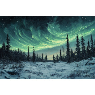 Peinture Aurore Boréale et Forêt
